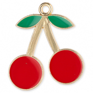 Breloques en m&eacute;tal cerises Dor&eacute;-rouge-vert