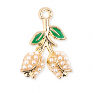 Breloques en m&eacute;tal tulipes avec perles Dor&eacute;-vert-blanc