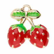 Breloques en m&eacute;tal fraise Dor&eacute;-rouge-vert