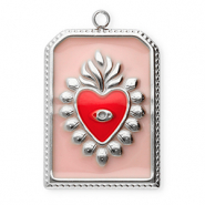 Breloques en acier Inox rectangle avec coeur Argent&eacute;-rose vintage-rouge
