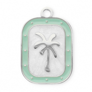 Breloques en acier Inox rectangle avec palmier Argent&eacute;-vert menthe-blanc