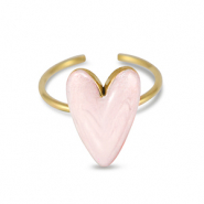Bagues en acier inox &eacute;maill&eacute;es coeur Rose clair nacr&eacute;-Dor&eacute;