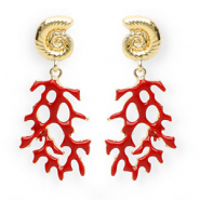 Boucles d'oreilles&nbsp;/&nbsp;puces tendance &eacute;maill&eacute;e coquillage & corail avec tige en acier inoxydable Dor&eacute;-rouge fonc&eacute;