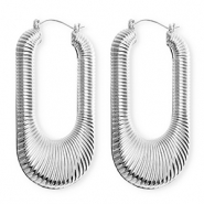 Boucles d'oreilles&nbsp;/&nbsp;cr&eacute;oles accroche-regard ovale stri&eacute; avec tige en acier inoxydable Argent&eacute;