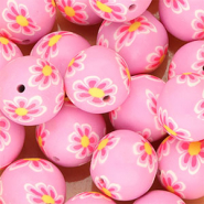 Perles en silicone 18 mm rond avec fleurs peintes à la main Violet orchidée-rose néon-jaune