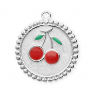 Breloques en acier Inox rond avec cerises Argent&eacute;-blanc nacr&eacute;-rouge-vert