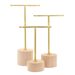 Pr&eacute;sentoir bijoux en forme de T avec pied en bois pour boucles d'oreilles (3 pcs) Naturel (couleur naturelle du bois)-dor&eacute;