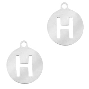 Breloques en acier inox alphabet lettre H m&eacute;daillon rond 10mm Argent&eacute;