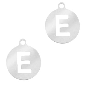 Breloques en acier inox alphabet lettre E m&eacute;daillon rond 10mm Argent&eacute;