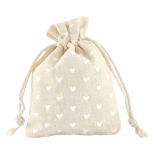 Sachet &agrave; bijoux en lin coeurs Blanc cass&eacute;