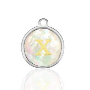 Breloques en acier Inox nacre rond 12mm lettre X Blanc (couleur naturelle)-argent&eacute;
