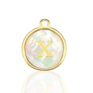 Breloques en acier Inox nacre rond 12mm lettre X Blanc (couleur naturelle)-dor&eacute;