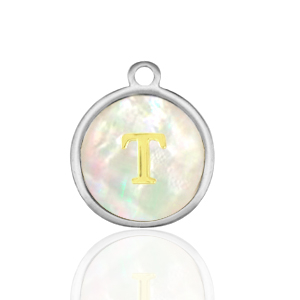 Breloques en acier Inox nacre rond 12mm lettre T Blanc (couleur naturelle)-argent&eacute;