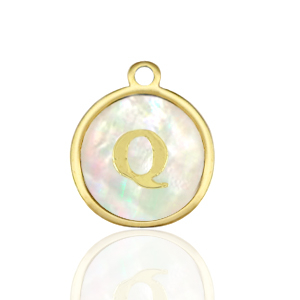 Breloques en acier Inox nacre rond 12mm lettre Q Blanc (couleur naturelle)-dor&eacute;