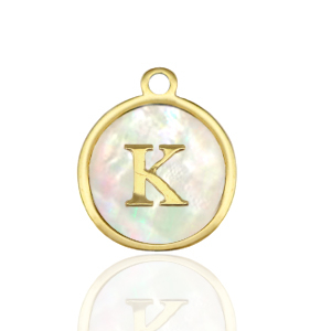 Breloques en acier Inox nacre rond 12mm lettre K Blanc (couleur naturelle)-dor&eacute;