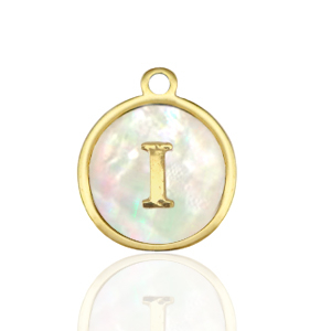 Breloques en acier Inox nacre rond 12mm lettre I Blanc (couleur naturelle)-dor&eacute;