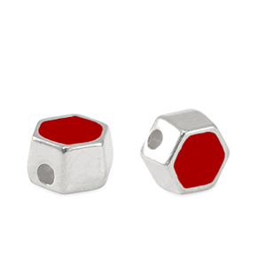 Perles en m&eacute;tal DQ hexagone Argent&eacute; antique-rouge (sans nickel)