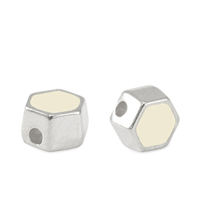 Perles en m&eacute;tal DQ hexagone Argent&eacute; antique-blanc ivoire (sans nickel)