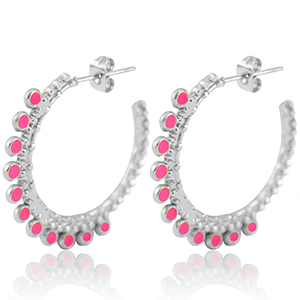 Boucles d'oreilles en acier Inox cr&eacute;oles 30mm Argent&eacute;-magenta