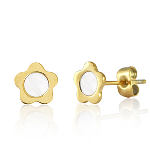 Boucles d'oreilles / puces d&rsquo;oreilles en acier Inox fleur Dor&eacute;-blanc perle