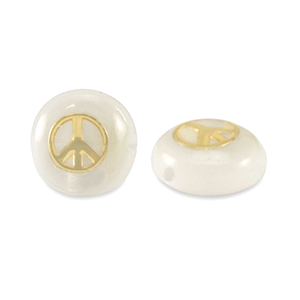 Perles en verre rondelles effet nacr&eacute; signe de paix Blanc-dor&eacute;