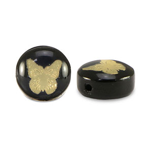 Perles en verre rondelles papillon Noir-dor&eacute;