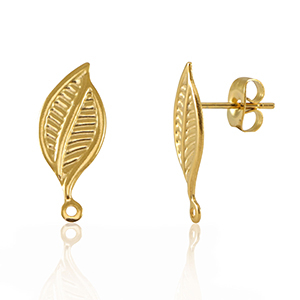 Appr&ecirc;ts en acier Inox boucles d'oreilles / puces d&rsquo;oreilles feuille avec anneau Dor&eacute;