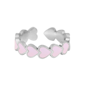 Bagues en acier inox &eacute;maill&eacute;es coeur Rose-argent&eacute;