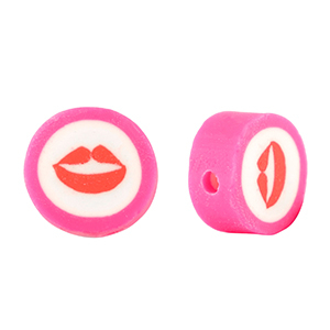 Perles en polym&egrave;re kiss 10mm Rose fuchsia-blanc rouge