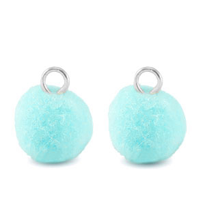 Pendentifs pompon avec anneau 10mm Argent&eacute;-bleu aquamarine
