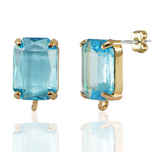 Boucles d&rsquo;oreilles / puces d&rsquo;oreilles en verre Crystal Glass avec anneau rectangle Bleu-dor&eacute;