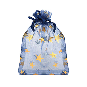 Sachet &agrave; bijoux en organza 9x12cm &eacute;toile Bleu marine-dor&eacute;