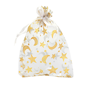 Sachet &agrave; bijoux en organza 9x12cm lune et &eacute;toile Blanc-dor&eacute;