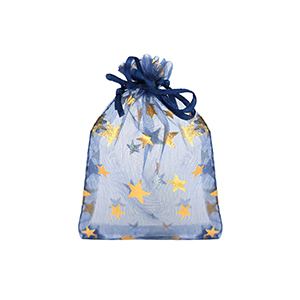 Sachet &agrave; bijoux en organza 7x9cm &eacute;toile Bleu marine-dor&eacute;