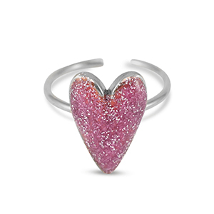 Bagues en acier inox &eacute;maill&eacute;es coeur paillet&eacute; Rose vermillo-Argent&eacute;
