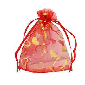 Sachet &agrave; bijoux en organza 9x12cm coeur Rouge-dor&eacute;