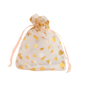Sachet &agrave; bijoux en organza 7x9cm coeur P&ecirc;che-dor&eacute;