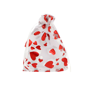 Sachet &agrave; bijoux en organza 7x9cm coeur Blanc-rouge