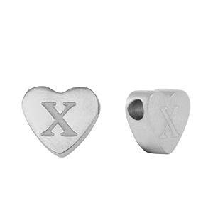 Perles en acier Inox coeur lettre X Argent&eacute;