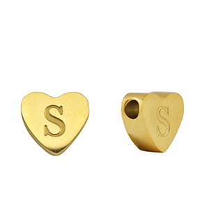 Perles en acier Inox coeur lettre S Dor&eacute;