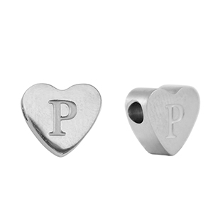 Perles en acier Inox coeur lettre P Argent&eacute;