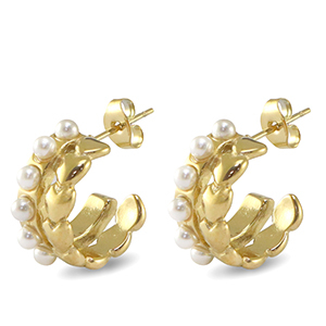 Boucles d'oreilles / puces en acier Inox coeur imitations perles Dor&eacute;