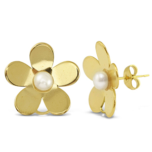 Boucles d'oreilles / puces en acier Inox perles fleur avec anneau Dor&eacute;