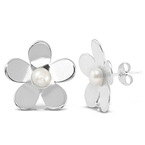 Boucles d'oreilles / puces en acier Inox perles fleur avec anneau Argent&eacute;