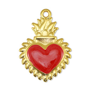 Breloques en m&eacute;tal DQ coeur Perle Rouge-Dor&eacute; (sans nickel)