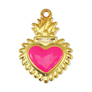 Breloques en m&eacute;tal DQ coeur Fuchsia-Dor&eacute; (sans nickel)
