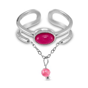 Bagues en acier Inox avec pierre naturelle Argent&eacute;-rose magenta