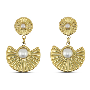 Boucles d'oreilles / puces en acier Inox &eacute;ventail avec imitations perles Dor&eacute;