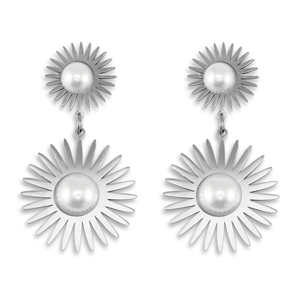 Boucles d'oreilles / puces en acier Inox soleil avec imitations perles Argent&eacute;