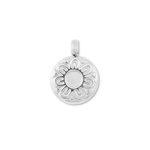 Breloques en acier Inox rond avec fleur Argent&eacute;